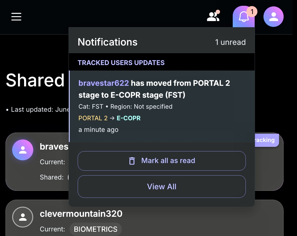 Notification panel displaying updates on other users and draw results